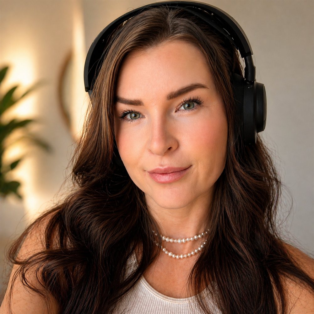 Kristen Michaela, wearing headphones, looking into the camera